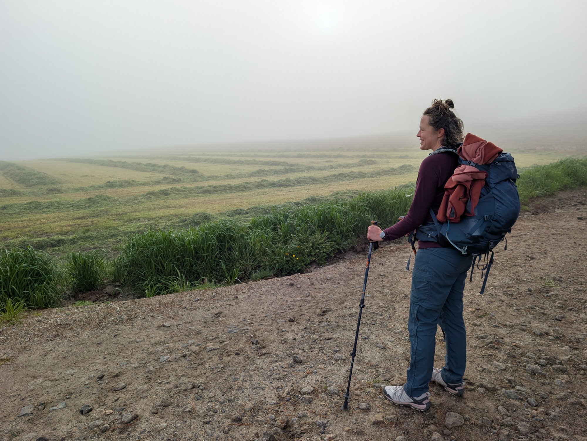 Sara on the Camino, looking out over open land